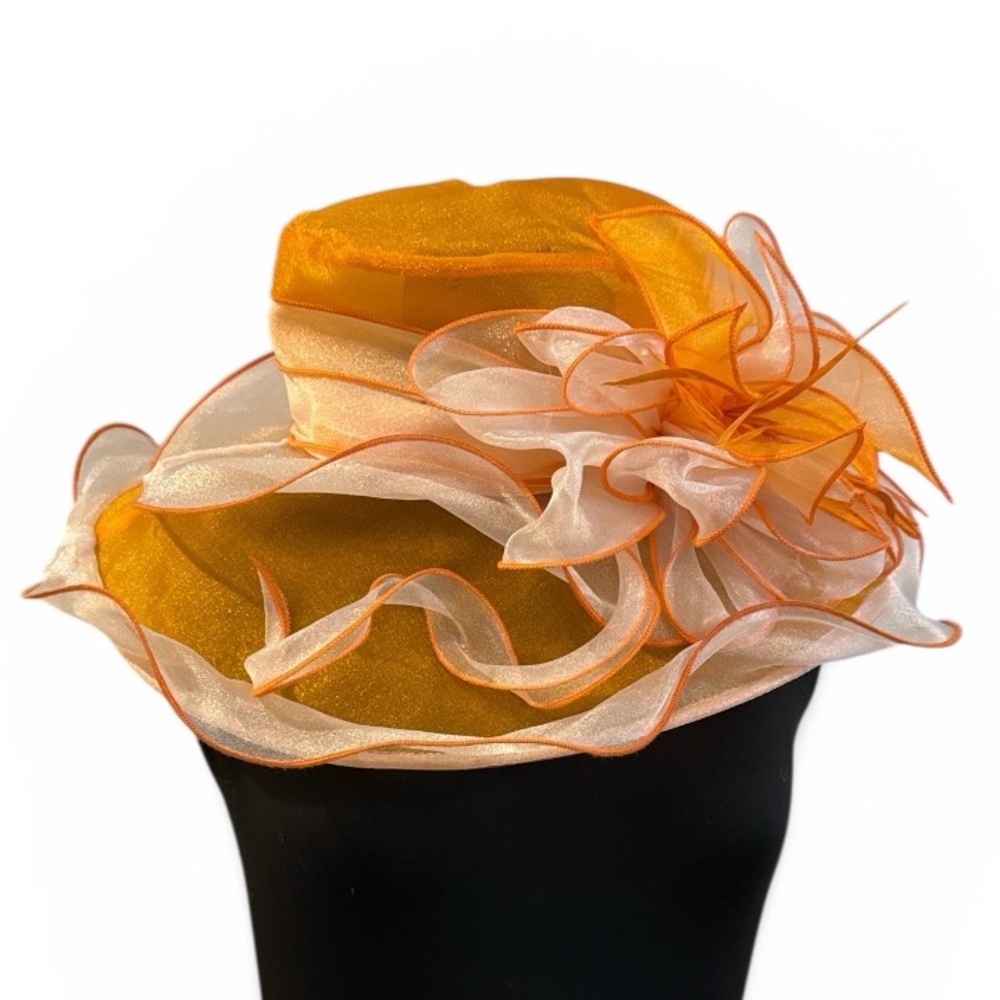 Women's Orange and Cream Dress Hat with Decorative Ruffles